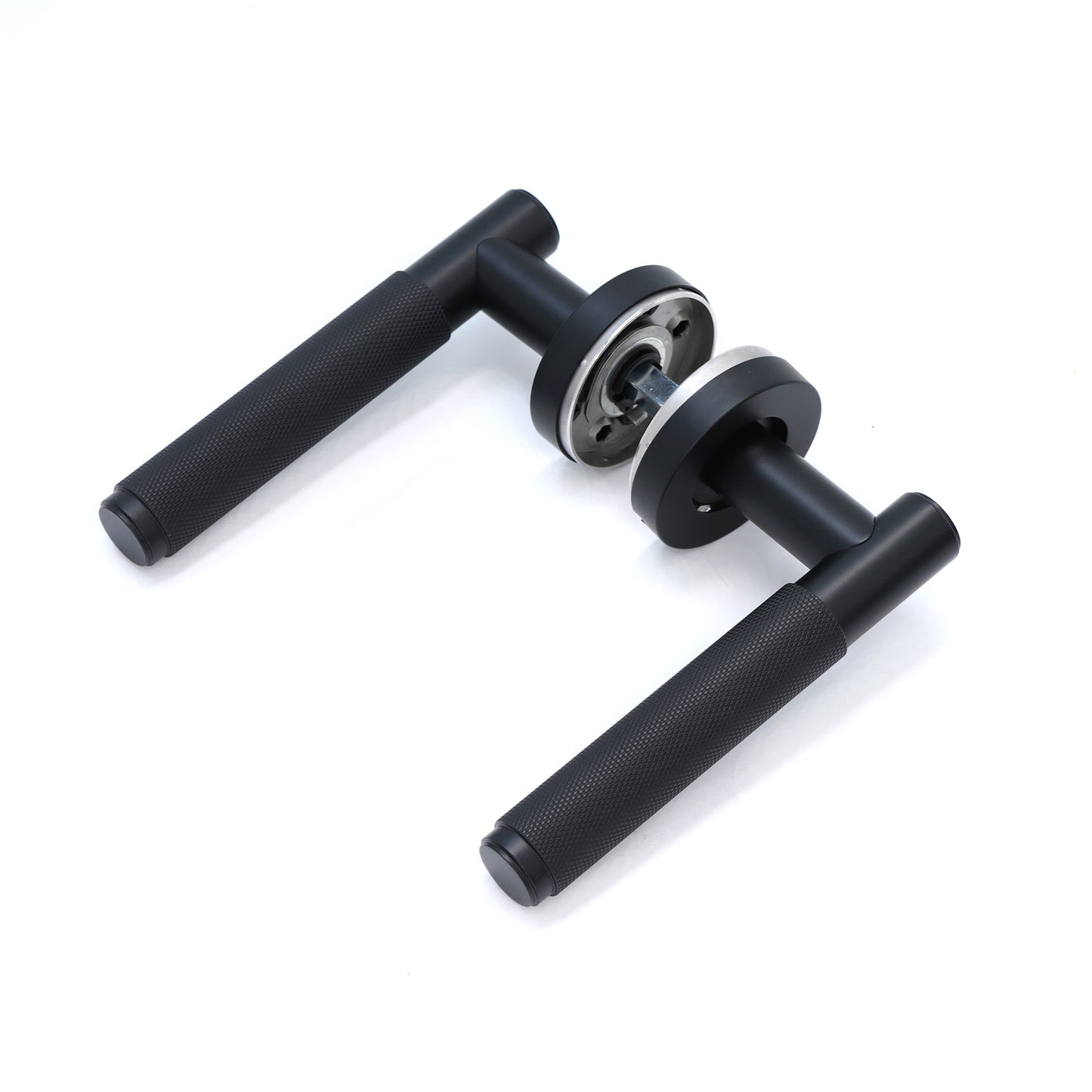 Knurled Lever on Round Rose Door Handle Set - Matt Black