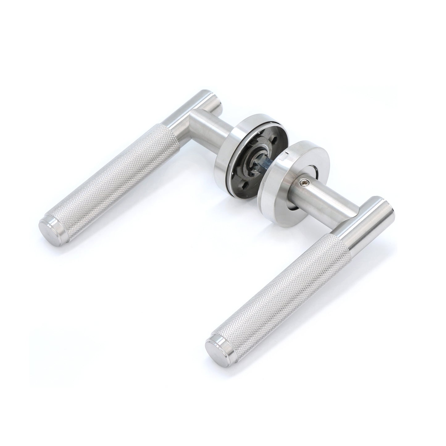 Knurled Lever on Round Rose Door Handle Set - Satin Stainless Steel