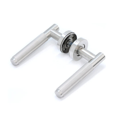 Knurled Lever on Round Rose Door Handle Set - Satin Stainless Steel
