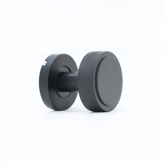 Knurled Round Rose Door Knob Set - Matt Black