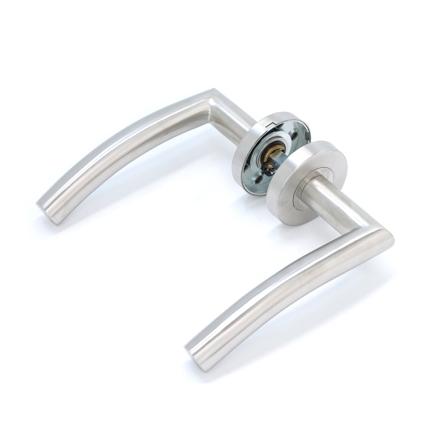 Superior Miranda Lever on Round Rose CE13 Fire Door Handle Set - Satin Stainless Steel (123554)