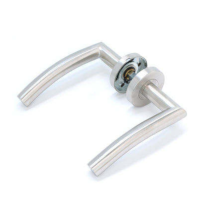 Superior Miranda Lever on Round Rose CE13 Fire Door Handle Set - Satin Stainless Steel (123554)