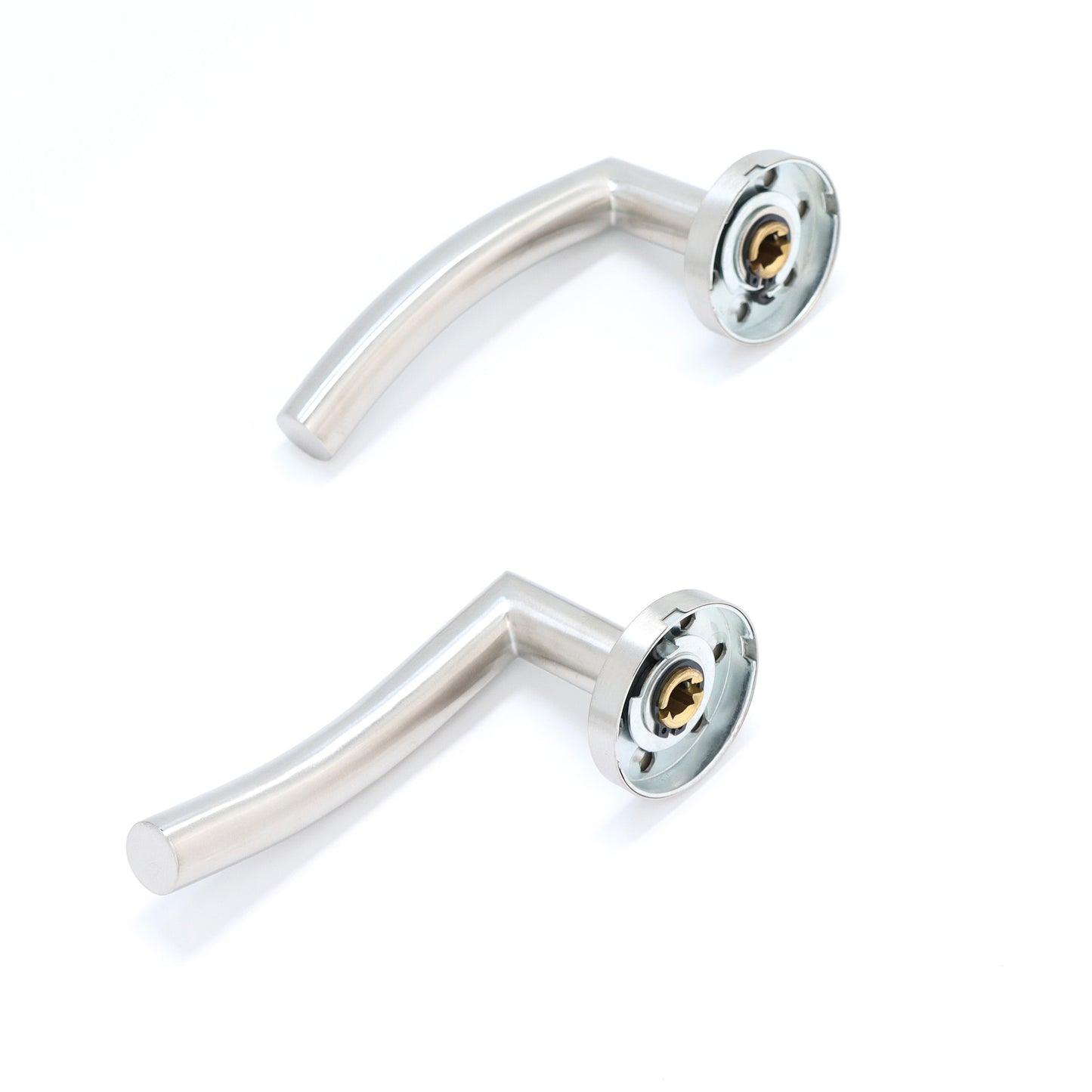 Superior Miranda Lever on Round Rose CE13 Fire Door Handle Set - Satin Stainless Steel (123554)
