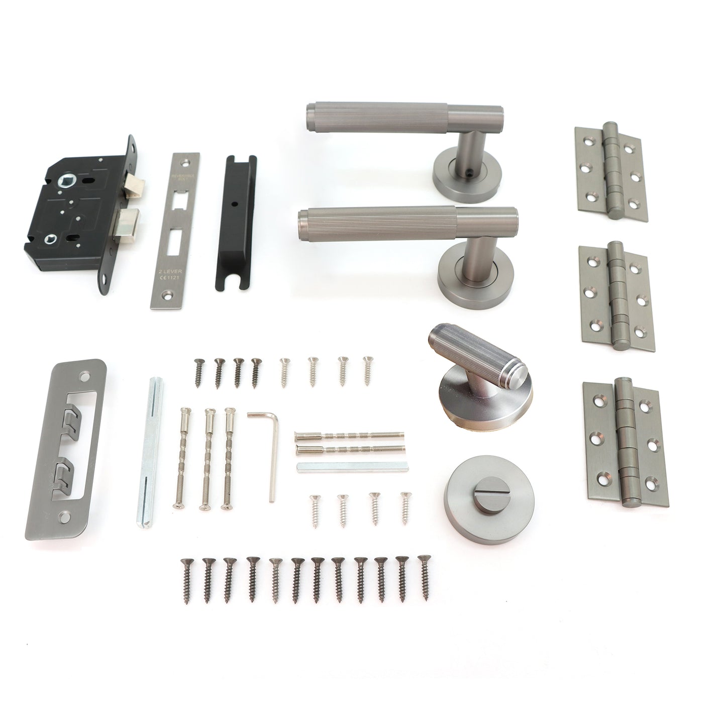 Fluted Lever on Round Rose Bathroom Door Handle Set - Gun Metal