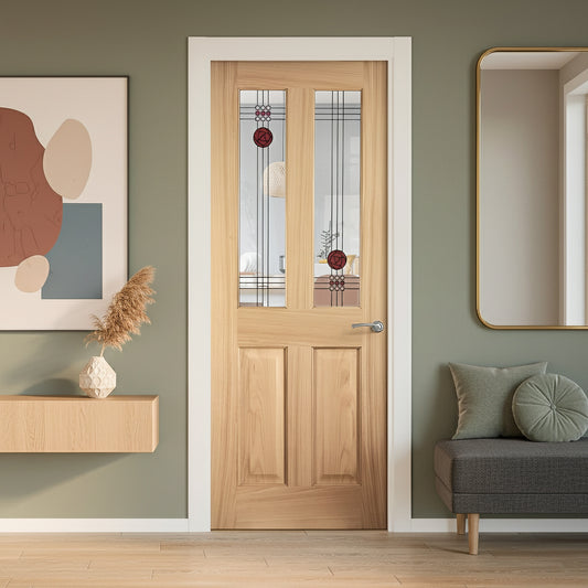 Oak Internal Fully Finished Mackintosh 2 Light Clear and Stained Glass Door (LIBMACK2L)