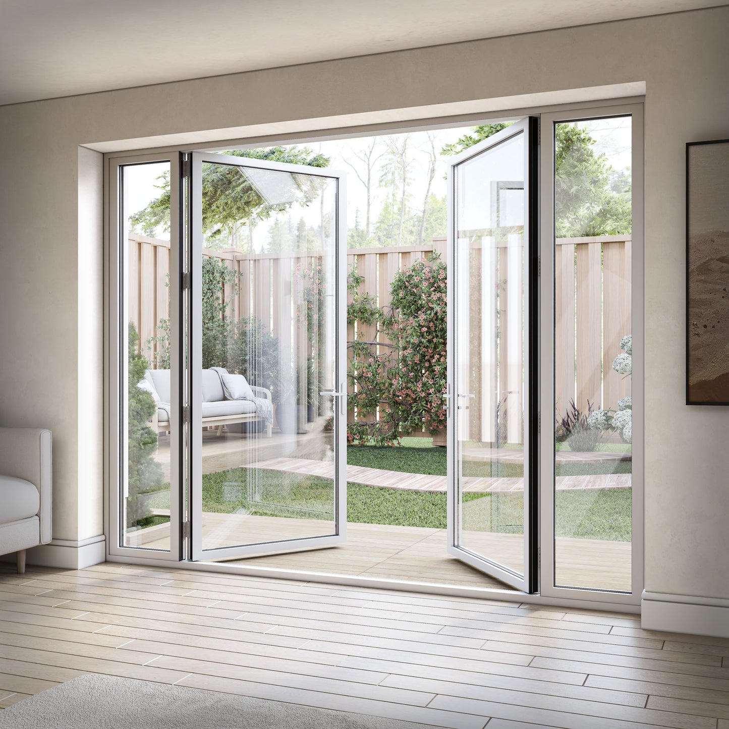 White Aluminium External Clear Glass French Patio Door with Sidelights