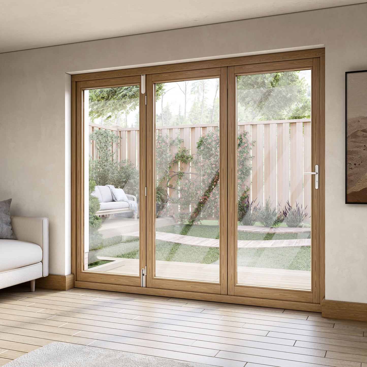 Fully Finished Oak External Folding Patio Door Set (OAKFOLD+HW)