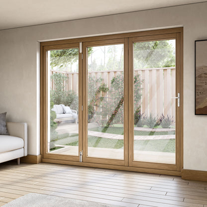 Fully Finished Oak External Folding Patio Door Set (OAKFOLD+HW)
