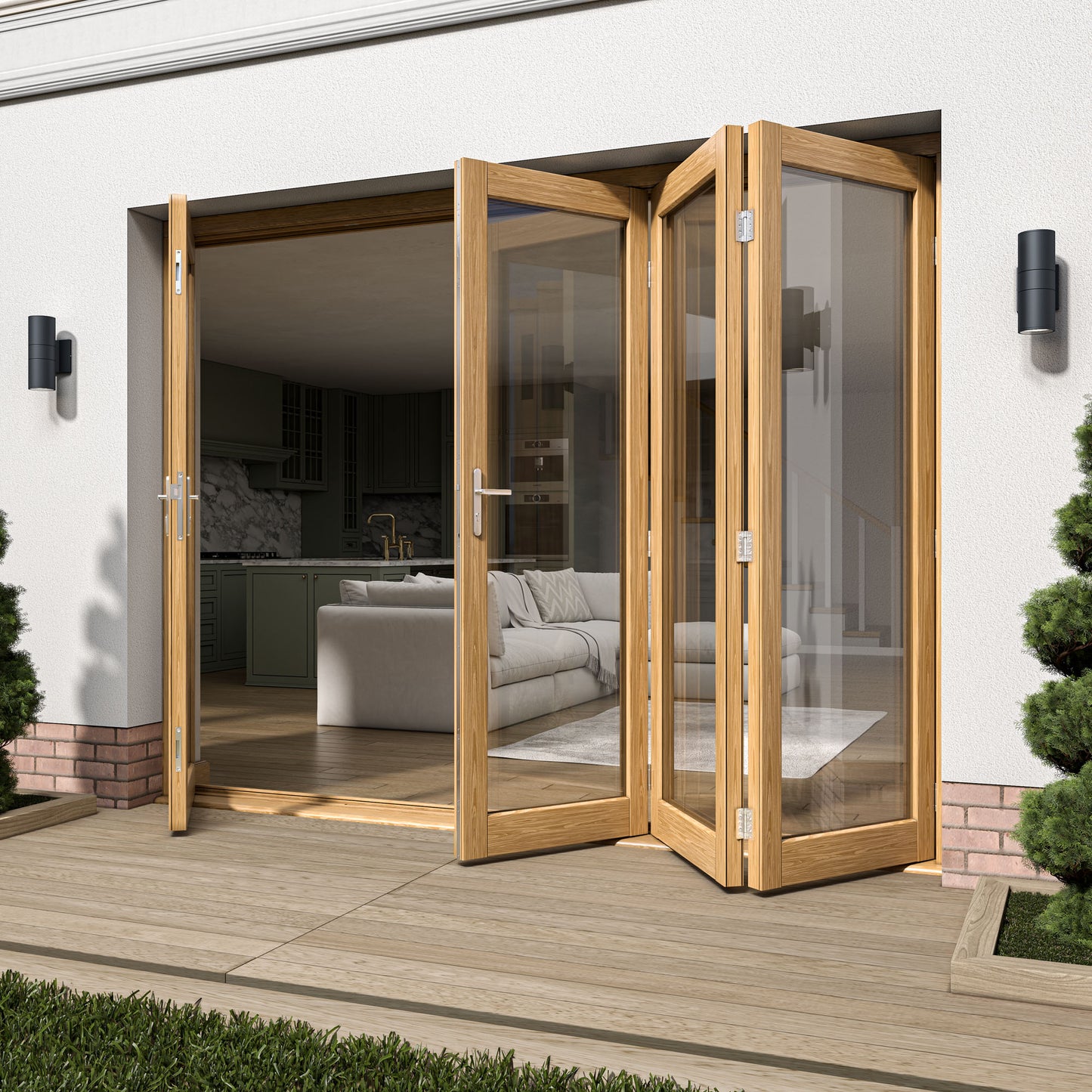 Fully Finished Oak External Folding Patio Door Set (OAKFOLD+HW)
