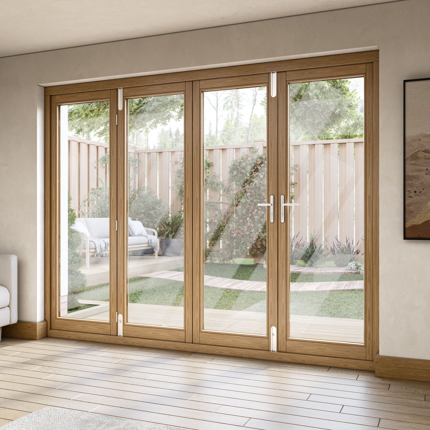 Fully Finished Oak External Folding Patio Door Set (OAKFOLD+HW)