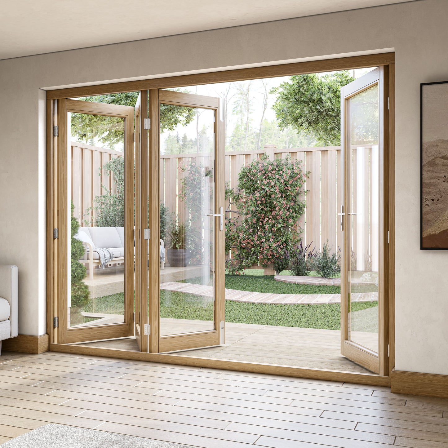 Fully Finished Oak External Folding Patio Door Set (OAKFOLD+HW)