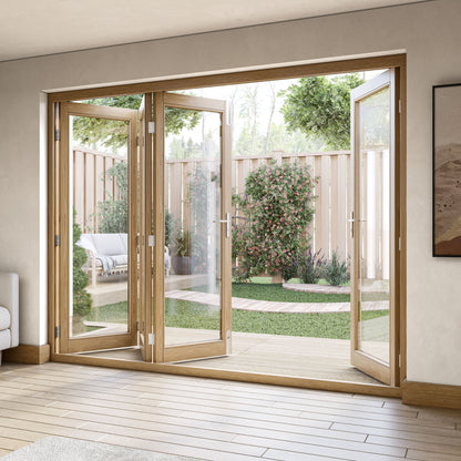 Fully Finished Oak External Folding Patio Door Set (OAKFOLD+HW)