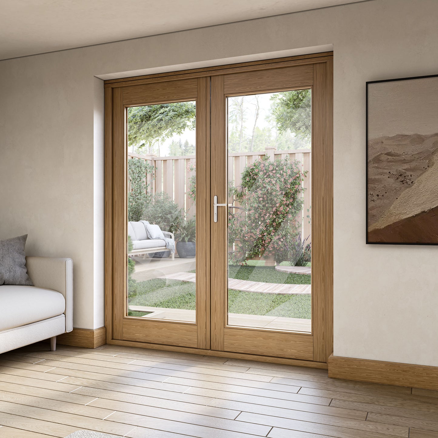 Fully Finished Oak External French Patio Door Set (OAKPATIO+HW)