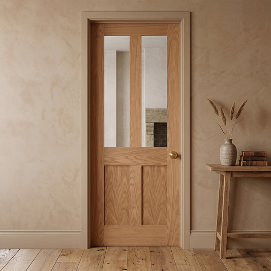 Oak Internal Fully Finished Victorian Shaker 2 Panel 2 Light Clear Glass Door