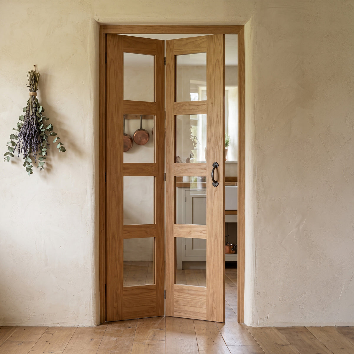 Oak Internal Fully Finished Shaker 4 Light Clear Glass Bi-Fold Door