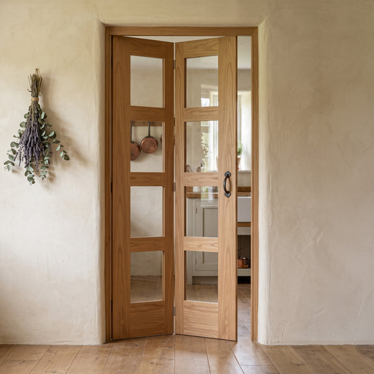 Oak Internal Fully Finished Shaker 4 Light Clear Glass Bi-Fold Door