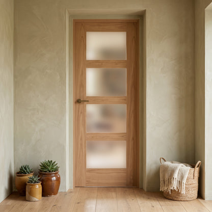 Oak Fully Finished Shaker 4 Light Frosted Glass Internal Door