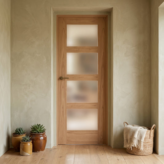 Oak Internal Fully Finished Shaker 4 Light Obscure Glass Door