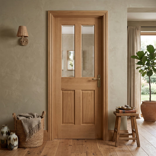 Oak Internal Fully Finished Traditional Victorian 2 Panel 2 Light Clear Bevelled Glass Door