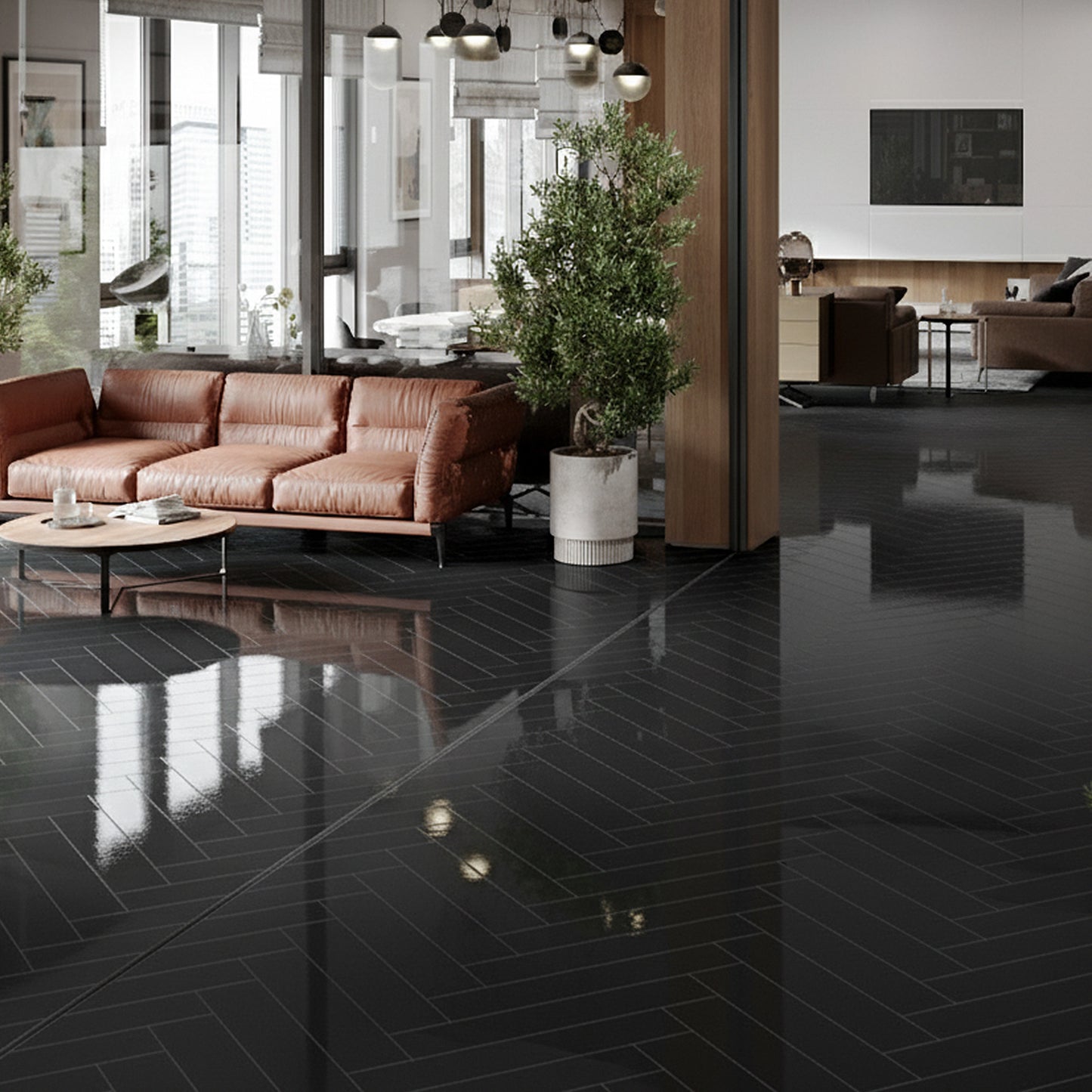 Black - Lustre Herrringbone 6mm High Gloss Luxury Vinyl Flooring (122978)