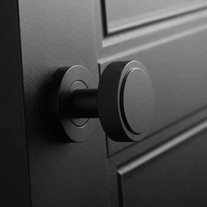 Knurled Round Rose Door Knob Set - Matt Black