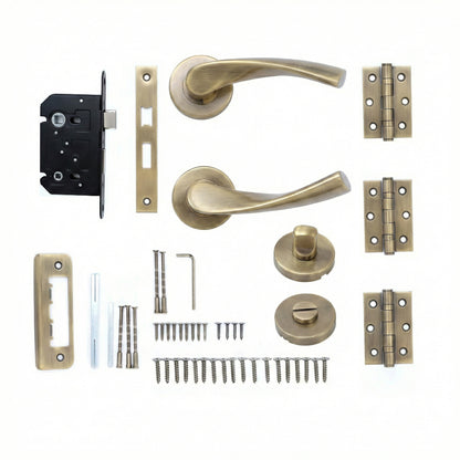 Superior Vega Lever on Round Rose Bathroom Handle Set - Antique Brass
