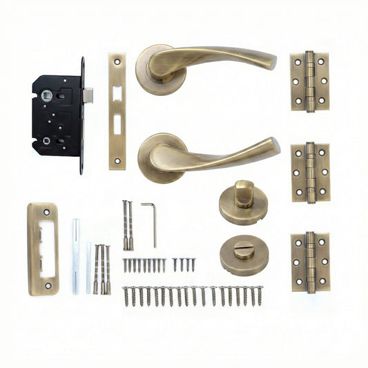 Superior Vega Lever on Round Rose Bathroom Handle Set - Antique Brass