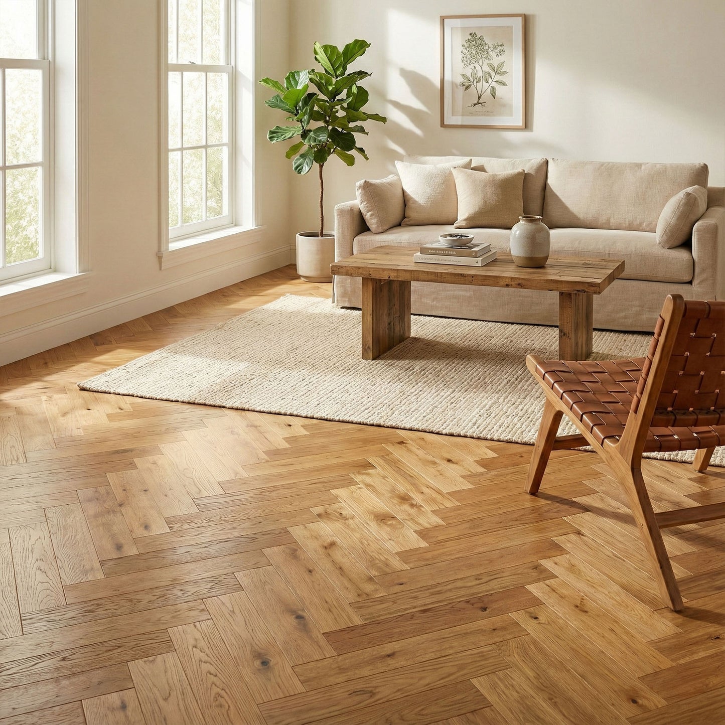Natural Oak - Herringbone 18mm Brushed and Oiled Solid Real Wood Flooring