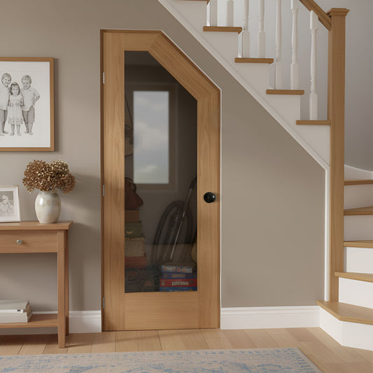 Oak Internal Unfinished Pattern 10 Clear Glass Angled Under-Stair Made-to-Measure Cupboard Door
