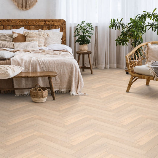 Brushed White Oak - Herringbone 14mm UV Oiled Engineered Real Wood Flooring (124564)